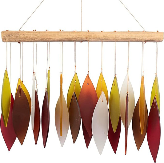 Blue Handworks Fall Leaves Glass & Driftwood Chime, Sandblasted Glass and Found Wood Handcrafted Wind Chime | Sandblasted Glass and Found Wood Handcrafted Wind Chime