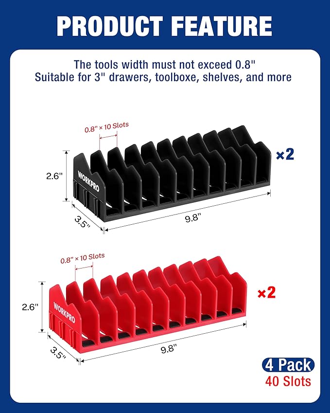 WORKPRO 4-Pack Plier Organizer Rack, 40-Slot Tool Organizer and Storage | Large Capacity Plier Holder, Non-Slip Rubber Base, High-Strength Plastic, Extendable Tool Box Organizer, Pliers Not Included