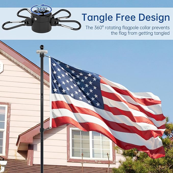 ZMTECH 7FT Flag Pole with 5 Pronges Base in Ground with Solar Light for Yard, Tangle Free Spinning Stainless Steel, Extra Thick Windproof Flag Poles for 4x6 USA Flag | Outside House & Garden Decor