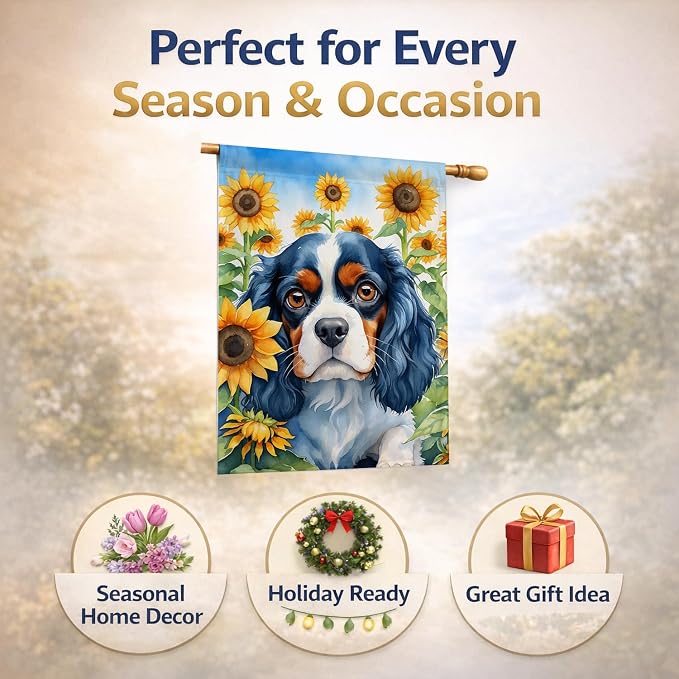 Caroline's Treasures DAC6049CHF Cavalier Spaniel in Sunflowers House Flag Large Porch Sleeve Pole Decorative Outside Yard Banner Artwork Wall Hanging, Polyester, House Size, Multicolor