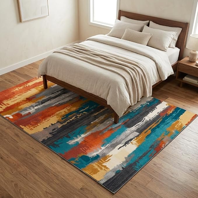 5x7 Burnt Orange and Teal Blue Modern Brush Stroke Lines Area Rug | Soft faux cashmere low-pile, machine washable non-slip foldable rug for living rooms, bedrooms and dining rooms.