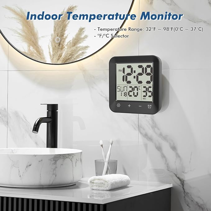Waterproof Shower Clock Timer, Bathroom Clock with Countdown, Touch Screen, Indoor Temperature, Suction Cup, LCD Digital Wall Clock for Bath, Kitchen