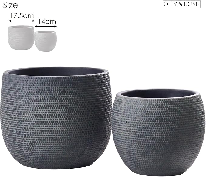 Olly & Rose Barcelona Ceramic Plant Pot Set 2 - Black Flower Pots 7" and 5.5" - Indoor & Outdoor Planters (Black)