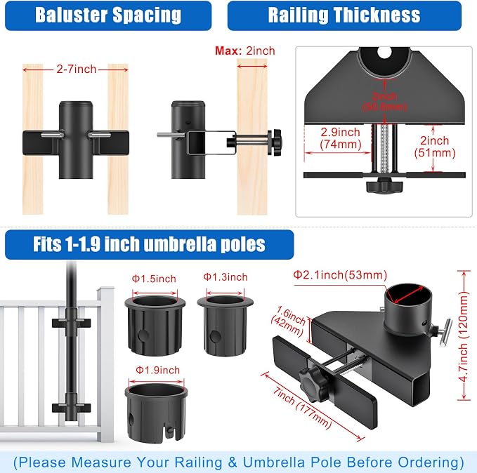 KingDolly No Drill Design Patio Umbrella Holder for Deck Railing, Space-Saving Umbrella Deck Mount Fit for 1''-1.9'' Poles, Umbrella Stand for Deck Railing, Deck Umbrella Clamp for Balcony Garden