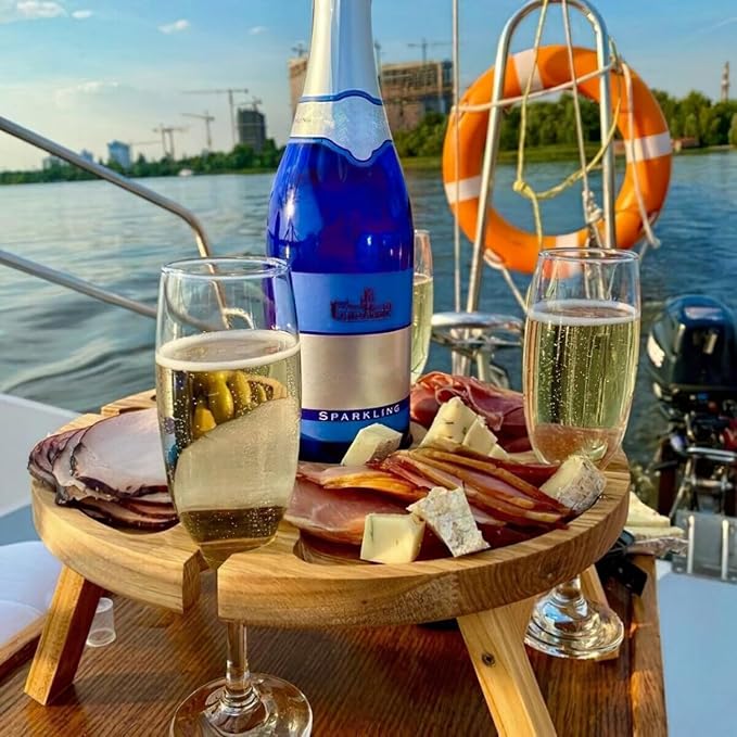 Portable Wooden Picnic Table with Wine Glass Holder - Foldable 2-in-1 Outdoor Snack Tray for Cheese & Fruit, Collapsible Camping Table with Integrated Glass Rack