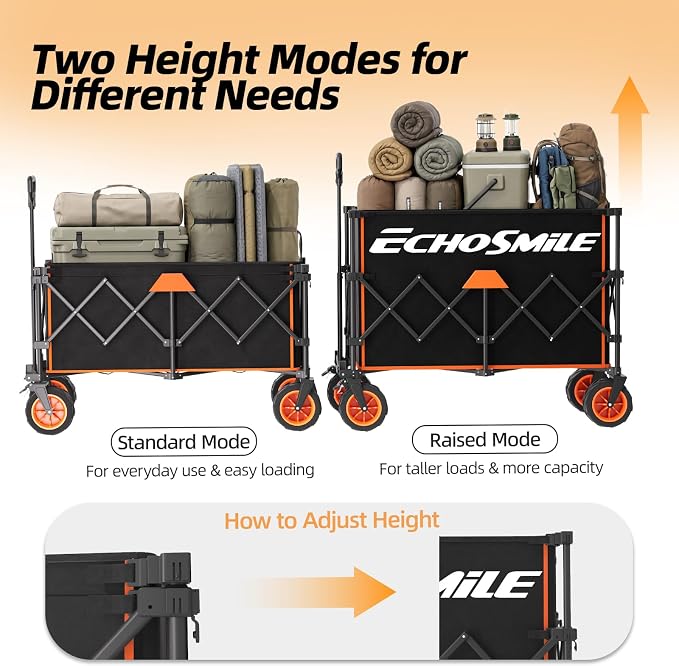 EchoSmile Collapsible Foldable Extended Wagon with 500Lbs Weight Capacity, 300L Folding Utility Wagon Cart with Big All-Terrain Wheels for Beach,Sport,Garden&Grocery (Black&Orange)