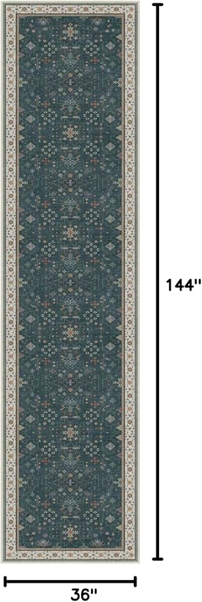 Dark Green Hallway Runner Rug 12 ft Long - Modern Vintage Boho Eclectic Floral with Brown Accent, Washable Low Pile Non-Slip Extra Long Wide Runner Rugs for Kitchen, 3x12
