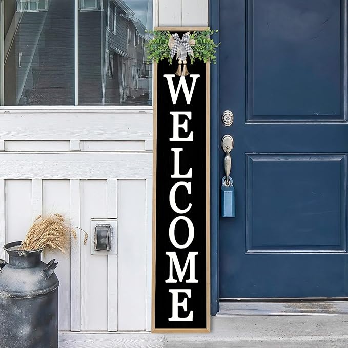 Welcome Sign for Front Porch Standing 45"X9" Large Vertical Farmhouse Outside Front Door Sign Leaner Tall Vintage Outdoor Wreath Patio Garden Wood Framed Decorations (Wood Black)