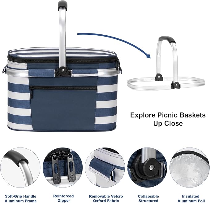 ALLCAMP Picnic Basket - Insulated Cooler, Thickening Foldable Picnic Basket with Removable Baskets & Sewn-in Frame, Basket for House Warming Gifts New Home(Blue White)