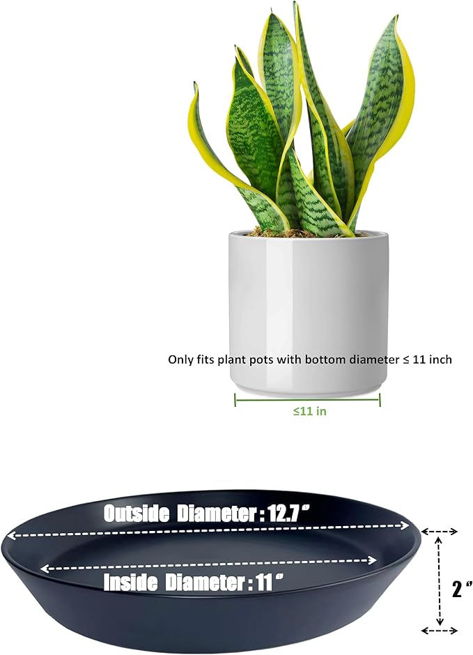Ceramic Plant Saucer Tray 10 11 12 Inch Black, 11.3" OD x9.7 ID x1.8 Deep| Round Sturdy Heavy Duty Glazed Bevel Planter Drip Flower pots with Catch Basin for Indoor Outdoor Plants