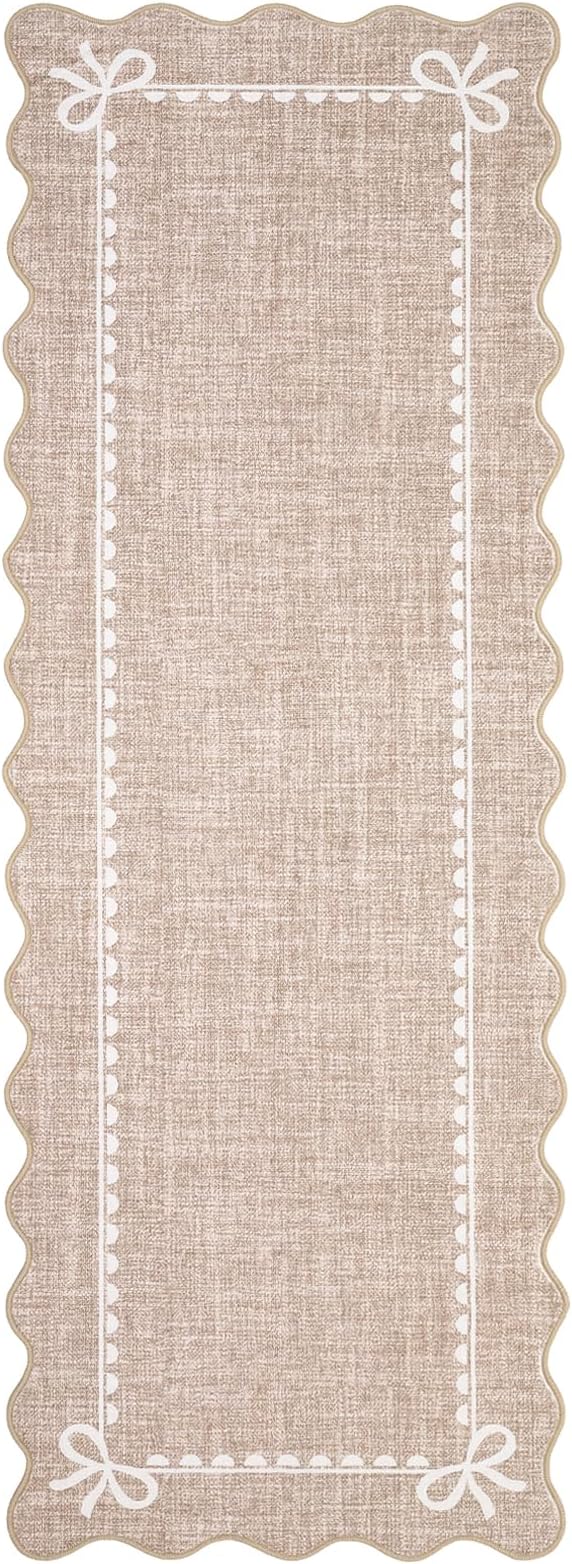 GarveeHome Scalloped Hallway Runner Rug 2.5x8 Non Slip Bedroom Rugs, Camel | Washable Bow Rug for Girls Dorm Nursery Living Room Entyrway Kitchen, Soft Low Pile Ultra-Thin Stain Resistant Indoor Carpet