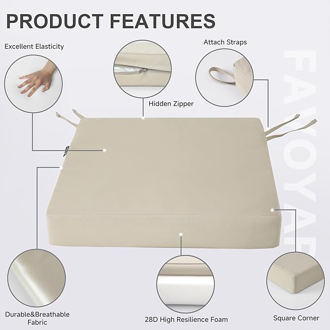 Favoyard Patio Chair Cushions 18 x 18 x 3 Inch Waterproof Outdoor Seat Cushions for Patio Furniture 3-Year Color Fastness Garden Sofa Couch Chair Pads with Handle & Adjustable Straps Set of 2, Beige