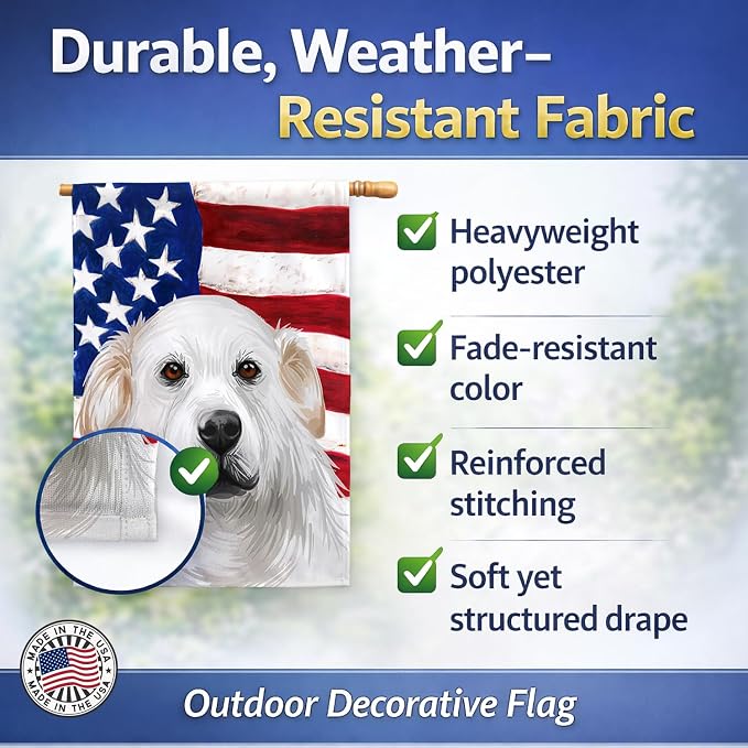 Caroline's Treasures CK6599CHF Kuvasz American Flag House Flag Large Porch Sleeve Pole Decorative Outside Yard Banner Artwork Wall Hanging, Polyester, House Size, Multicolor