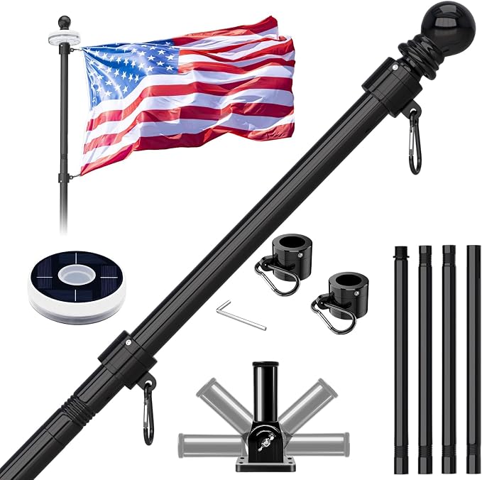 ZMTECH 5FT Flag Pole for Outside House with Solar Light, Tangle Free Stainless Steel Flag Pole Kit, 180° Adjustable Flag Pole Holder & Flag Holder Bracket, Black (No Flag)