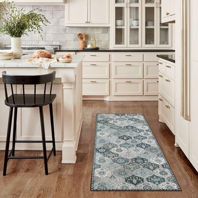 Lahome Moroccan Washable Runner Rug, 2'5''x8' Kitchen Runners for Hallways | Ultra-Thin Vintage Oriental Non-Slip Hallway Rug Carpet for Entryway Bedroom Laundry Room Foyer Elise, Blue