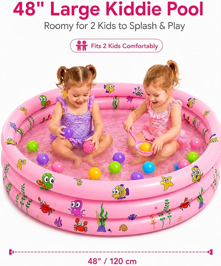 48"*12" Kiddie Pool for Toddler with Bubble Bottom, Pink | Inflatable Baby Pool with Drain Plug, Kids Pool for Summer Play, Flodable,Beach, Backyard, Indoor Ball Pit Play