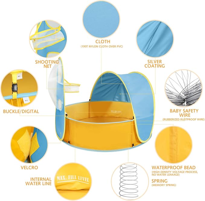 Peradix Paddling Pool for Kids & Pets, Kids Ball Pit Tent 3 in 1, Pop Up Wading Pool Tent with UV Protection Sunshade Canopy Basketball Hoop, Portable Beach Backyard Toys for Indoor Outdoor Activity