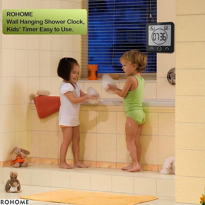 Digital Timer Waterproof Wall Clock, Kitchen Countdown Timer, Shower Clock with Temperature Humidity, Mirror Suction Cup Bathroom Timer, Wall Hanging for Bath Spa Basement Swimming Pool (Black)