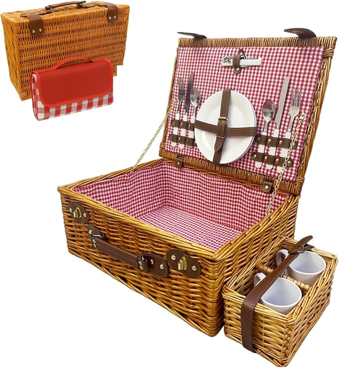 Multifunctional Wicker Picnic Basket Set for 2 Adults with Picnic Table and Blankets,Large Insulated Picnic Set with Wine Pouch and Full Tablewares for Camping Outdoor Couples Beach Wedding,Pink