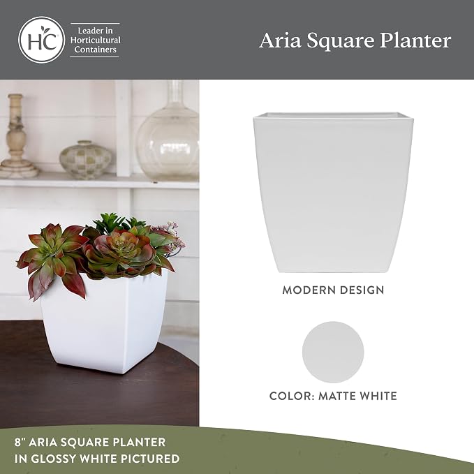 The HC Companies 8 Inch Aria Square Self Watering Planter - Plastic Plant Pot for Indoor Outdoor Plants Flowers Herbs, Matte White