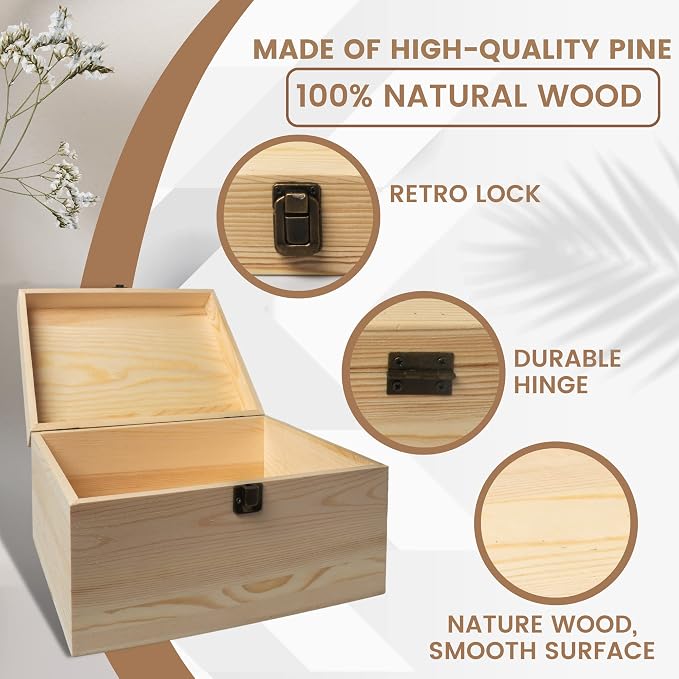 10.71x8x5.66-Inch Unfinished Wooden Box with Hinged Lid & Front Clasp for DIY Art Project Crafts Woodcraft Keepsake - Easy to Stain Paint Wood Burning