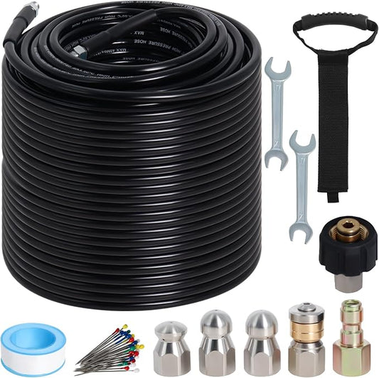 200FT Sewer Jetter Kit for Pressure Washer, 5800PSI Drain Cleaner Hose 1/4 Inch NPT Corner with 4 Sewer Jetting Nozzles，Waterproof Tape，Pearl Corsage Pin，Handle Strap & 2 Spanners (Black)