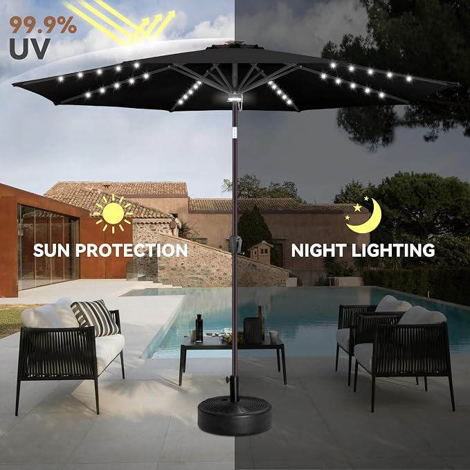 10FT Solar Umbrella Outdoor - Lighted Solar Patio Umbrella with 40 LED Lights Waterproof UV Protection, Table Umbrella with Tilt for Pool, Porch, Garden, Deck, Backyard (Black)