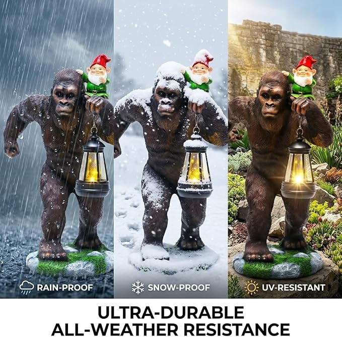 Solar Bigfoot Garden Statue with Gnome & Lantern, 16 Inch Sasquatch Decor | Large resin outdoor statue for patios and yard. Funny Bigfoot gift for husbands, dads, grandpas and Sasquatch fans.