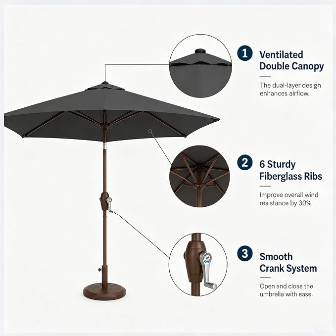 7.5ft Patio Umbrella, Outdoor Table Market Umbrella with Smooth Crank Lift, 6 Windproof Fiberglass Ribs, UPF50+ UV Protection for Deck, Pool, Garden and Backyard