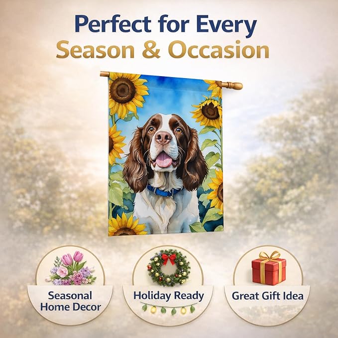 Caroline's Treasures DAC6076CHF English Springer Spaniel in Sunflowers House Flag Large Porch Sleeve Pole Decorative Outside Yard Banner Artwork Wall Hanging, Polyester, House Size, Multicolor