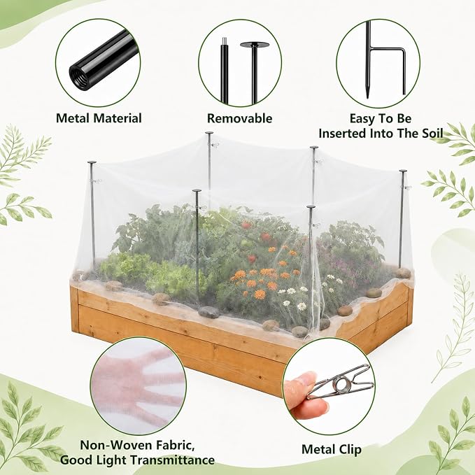 DECOHS Metal Garden Shading Cloth Kit, 6 Pack 2.6ft Raised Garden Bed Sunshade Support Stakes with 13x10ft Non-Woven Fabric, 12 pcs Clips for Protect Plants Vegetable from Direct Sunlight Heat Sunburn