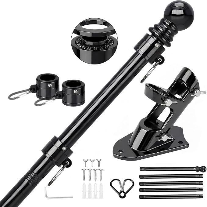 Black Flag Pole for Outside House, 6 FT Stainless Steel No Tangle Spinning Residential Flagpoles & Two-Position Flag Pole Holder Brackets Mounting for USA Outdoor Flags for Porch(Without Flag)