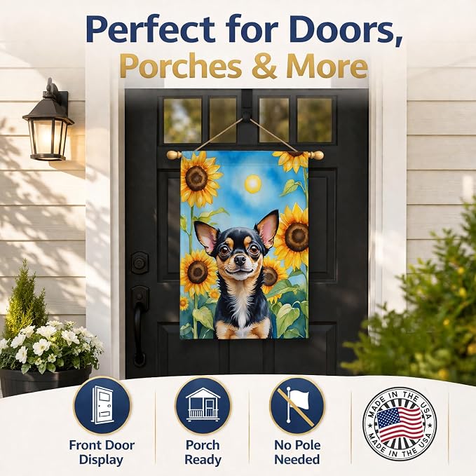 Caroline's Treasures DAC6052CHF Chihuahua in Sunflowers House Flag Large Porch Sleeve Pole Decorative Outside Yard Banner Artwork Wall Hanging, Polyester, House Size, Multicolor