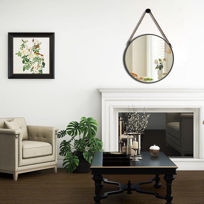 POZINO 15" Small Round Hanging Mirror with Grey Metal Frame