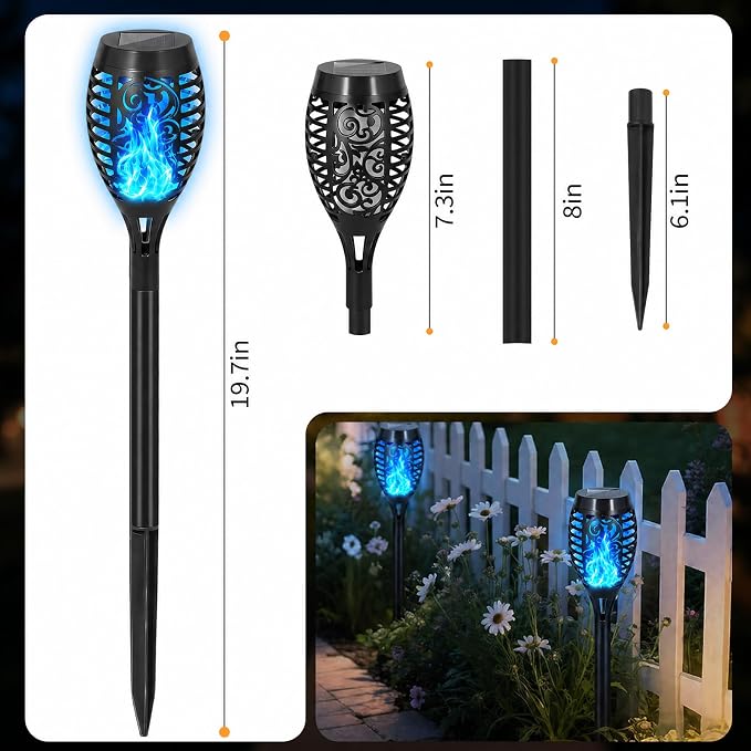 Solar Torch Flame Lights, Flickering Flame LED – Waterproof Solar Garden Lights for Patio, Yard, Pathway, Landscape & Backyard Décor (Blue-8 Pack)