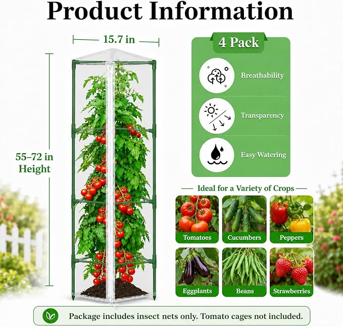 Halatool Garden Tomato Plant Cover Netting, Fits 55–72" Tall Tomato Cages, Garden Bird Netting with Zipper & Drawstring, Insect Barrier, Plant Covers from Insects Animals, 4 Pack, 61"×15.7"