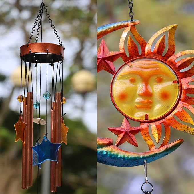 Sun Moon Star Wind Chime for Outside Decoration, with Star Shape Suncatcher | BVLFOOK; Aluminium Tubes; Wind Chimes; Hanging for Porch Patio Balcony Décor; 37 Inch; indoor & outdoor