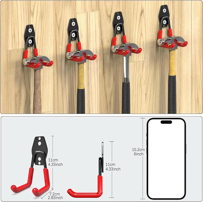 3-H Heavy Duty Garage Wall Hooks 8 Pack, 4.3 Inch Same Size, Anti-Slip PVC Coating Wall Mount Garage Storage Hooks for Ladders, Yard Tools, Shovel, Weed Eater, Hoses,Red