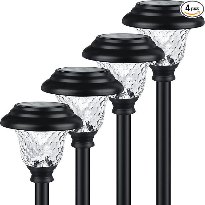 Glass Solar Lights Outdoor waterproof, 4 Pack Super Bright Solar Pathway Lights, Up to 12 Hrs Long Last Auto On/Off Garden Lights Solar Powered, Stainless Steel LED Light For Yard Landscape Cool White