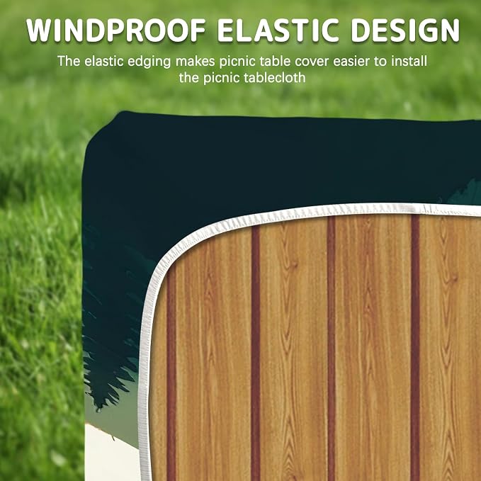 Picnic Table Cover with Bench Covers Elastic Edges, 3 Pcs Mountain View Fitted Table Cover with Drawstring Bag, Waterproof Windproof Aesthetic Camping Tablecloth, Outdoor Camping Essentials 72 Inch