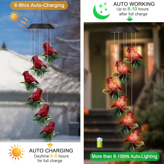 Solar Cardinal Wind Chimes for Outside,Red Bird Danglers Mobile Lights,Waterproof Hanging Outdoor Christmas Decor for Garden Patio Yard