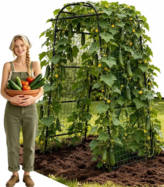 Garden Arch Trellis 83" H x 49" L x 31.5" W Heavy-Duty Plant Support with Nylon Netting & 100 Leaf Ties – Reusable Climbing Trellis for Tomatoes, Cucumbers, Beans & Flowers (Large)