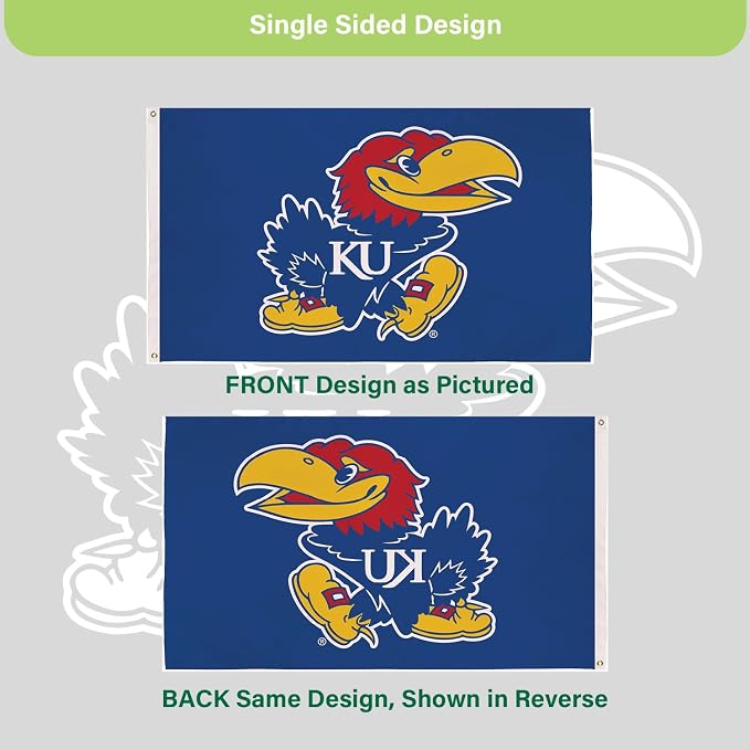 NCAA University of Kansas Flag with Grommets, 3'x5' KU Jayhawks Outdoor College Flags & Banners for Garden Patio Indoor Wall Décor