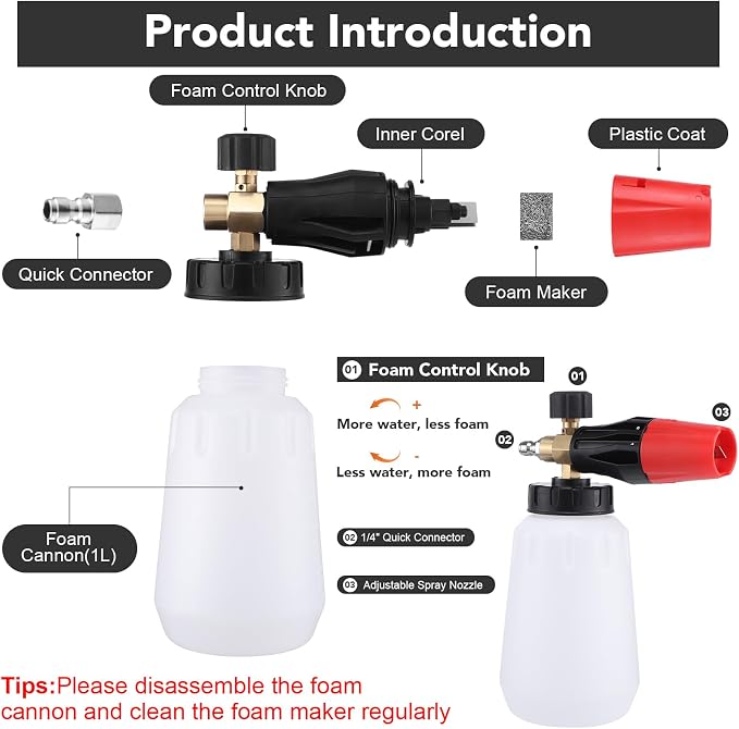 Foam Cannon for Pressure Washer, Dual Connector, 5000PSI Pressure Washer Gun, 2-in-1 Foam and Rinse Tool with 6 Nozzles, 1/4" Quick Connector for Car Truck SUV Washing