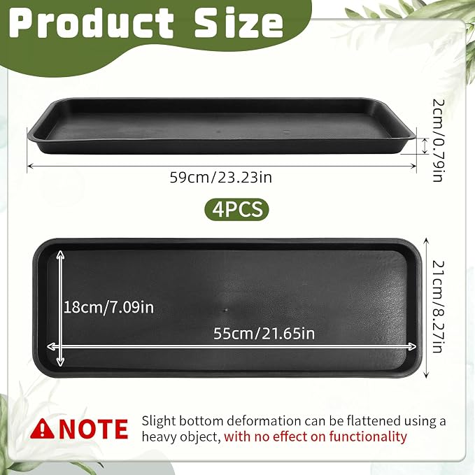 Cinnvoice 4 Pack Black 24 x 8.2 x 0.8 Inch Rectangle Plant Saucer Large Plastic Plant Tray Water Drip Trays for Windowsill Flower Pot Planter Drainage Germination Garden Outdoor Indoor Use