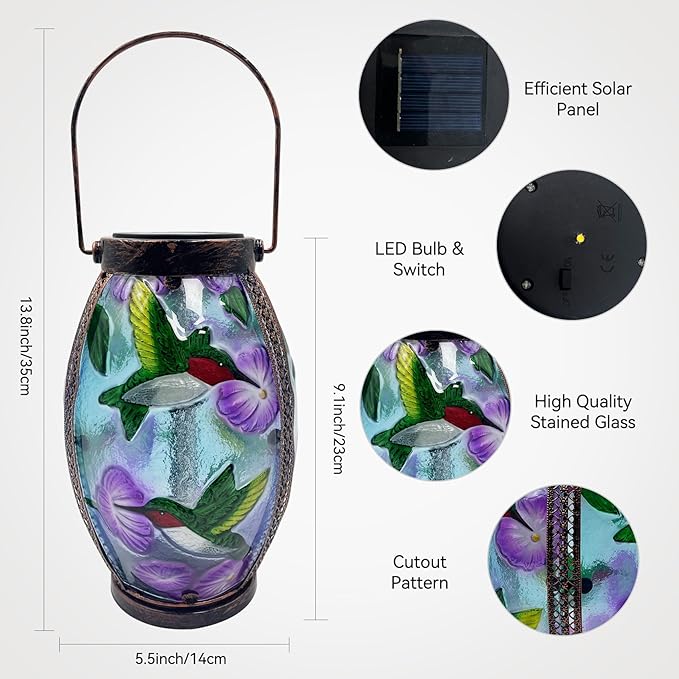 Hummingbird Solar Lanterns Glass & Metal Hanging Solar Lantern Outdoor Waterproof 13.8" H Tabletop Light for Garden Patio Table Decor Mother's Day Gift