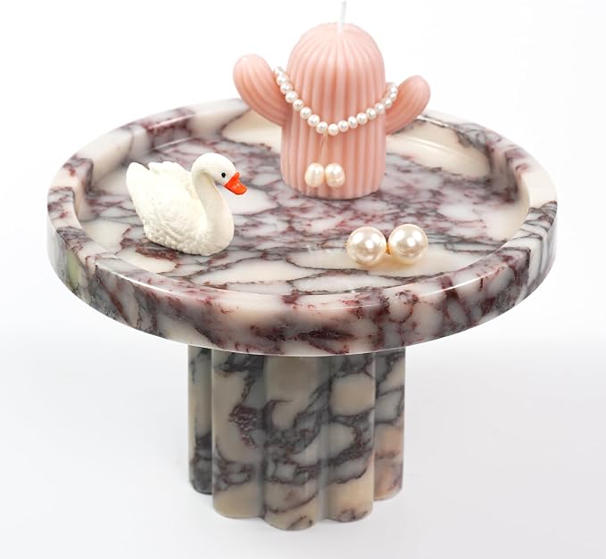 Marble Perfume Tray with Legs - Round Decorative Stone Pedestal for Bathroom Vanity Coffee Table Kitchen Countertop, Footed Jewelry Candle Organizers Catchall Plate Riser with A Scalloped Leg