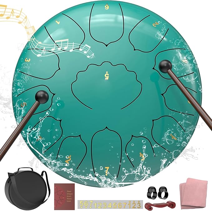 D Major Steel Tongue Drum Handpan, 12 Inch 13 Note Rain Drum for Outside Garden, Meditation Rain Chime, Musical Percussion Instrument for Adult Gift with Bag, Music Book, Drum Mallets (Lake Blue)