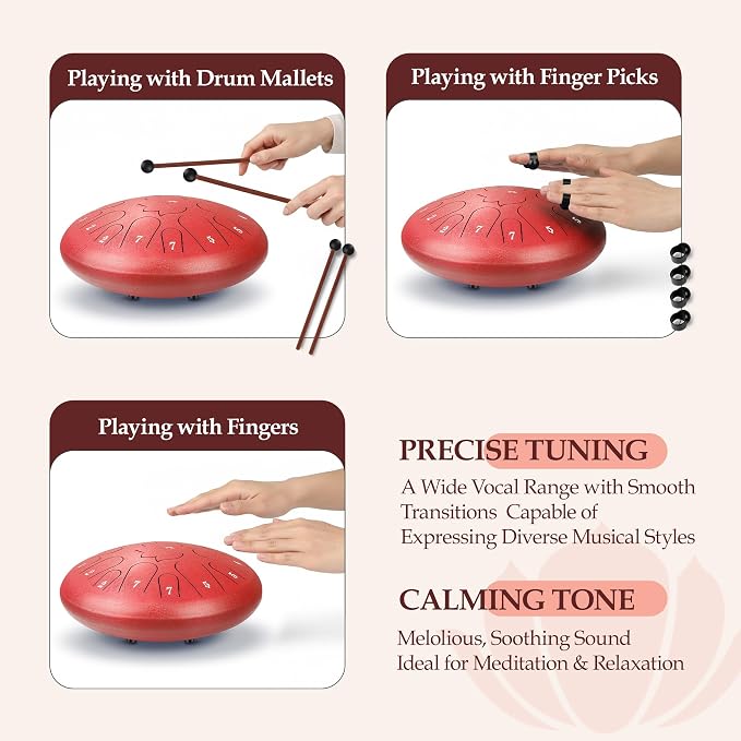 Red Steel Drum - 15 Note 12 Inch Steel Tongue Drum - Handpan Drum Music Book, Rain Drums Mallet, and Carry Bag