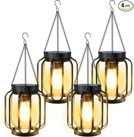 Solar Lanterns Outdoor Waterproof 4 Pack, 14.37'' Metal Hanging Solar Lights for Outside with Auto On/Off & Hook - Brighter Hanging Outdoor Lanterns Decorative Lighting for Garden Patio Yard